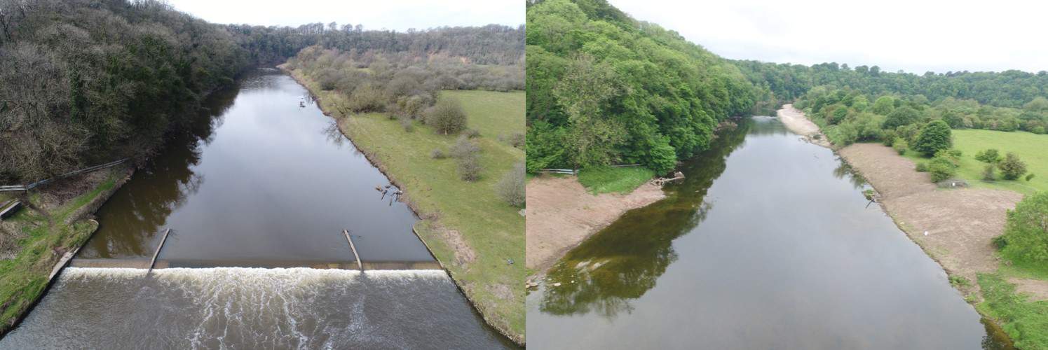 Aerial images showing one of the Trust's most recent weir removals, Samlesbury weir