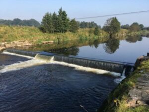 The Henthorn gauging weir, with the Ribble Rivers Trusts new eel pass to the right of the picture. 