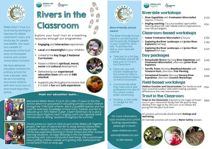 The Ribble Rivers Trust leaflet about delivering education work to schools in Lancashire